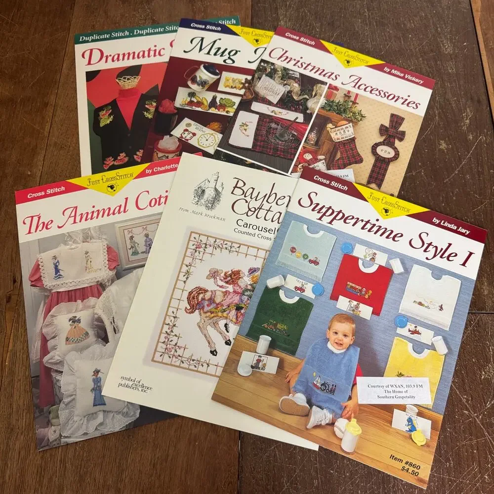 Bundle Six (6) Counted Cross Stitch Pattern Booklets Animals Baby Christmas Mug